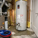 Basement utility room with water heater, furnace, and floor flooding from a leak.