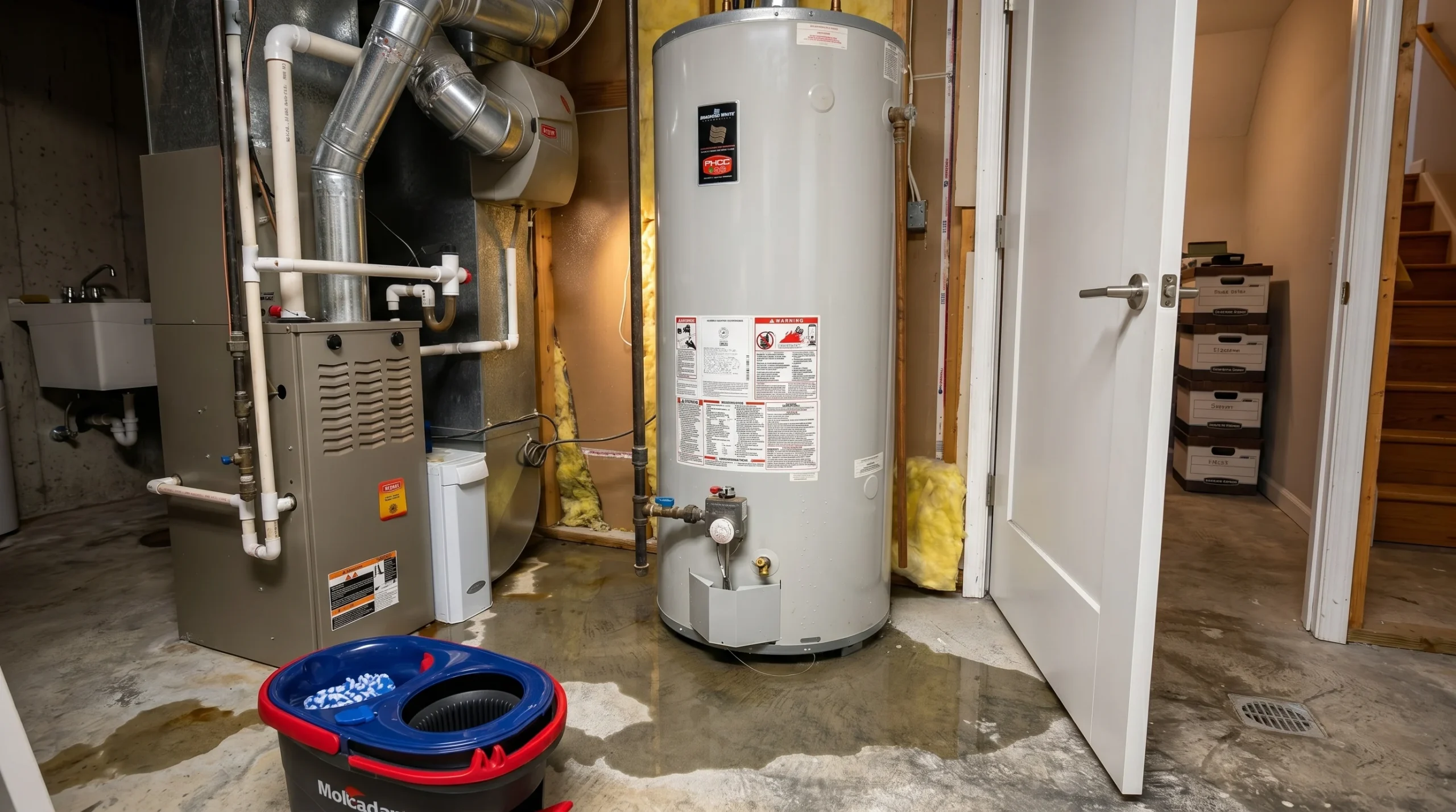 Basement utility room with water heater, furnace, and floor flooding from a leak.