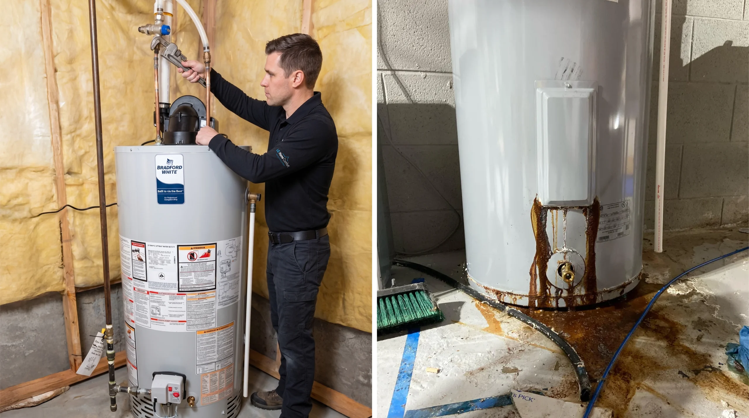 Side-by-side comparison of a new water heater installation and a rusted, leaking water heater requiring replacement.