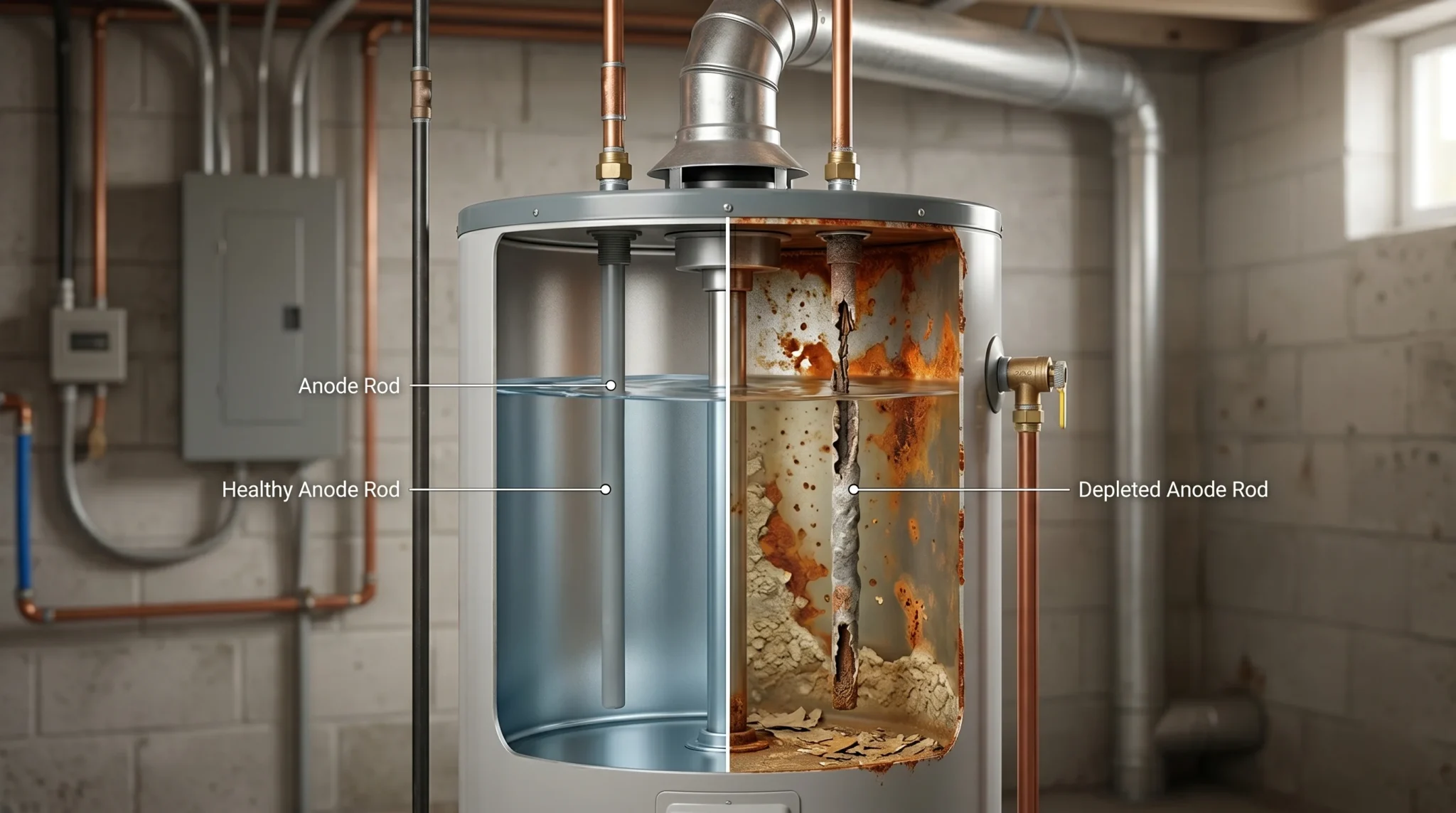 Cutaway water heater showing a healthy anode rod versus severe internal tank corrosion.