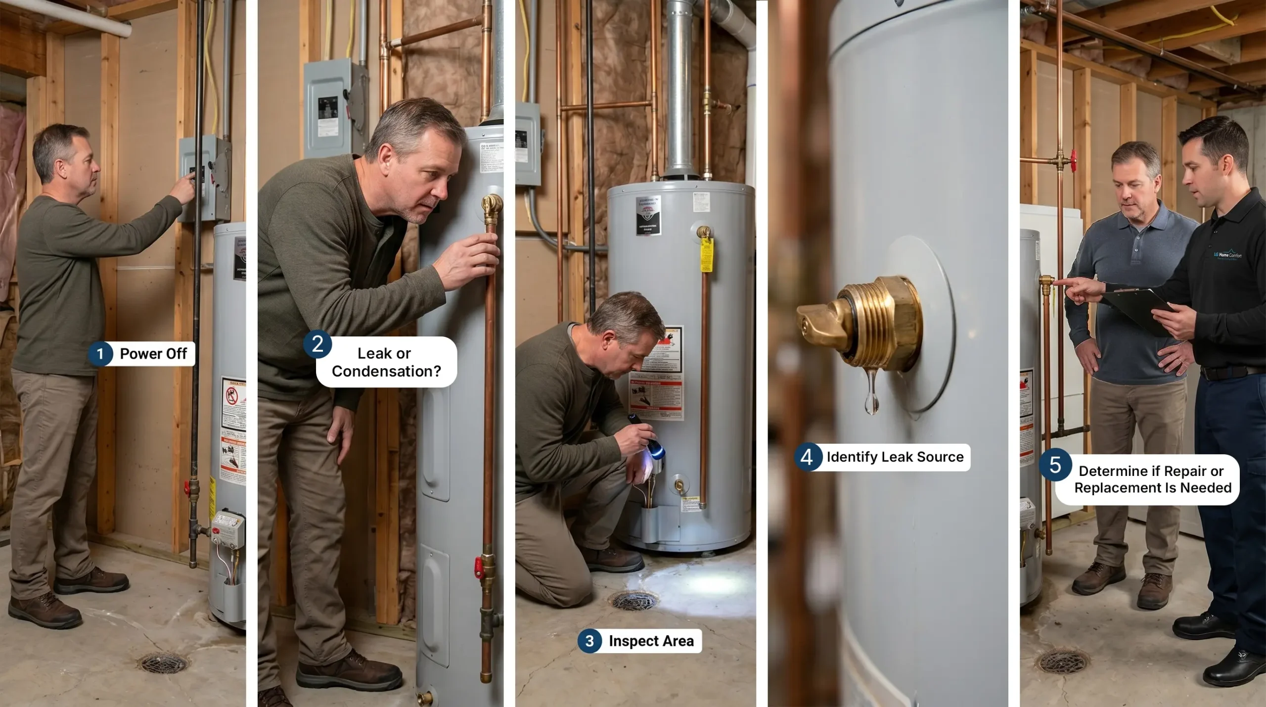A 5-step visual guide showing how to diagnose a water heater leak: powering off the unit, checking for condensation, inspecting the base, identifying the leak source, and consulting a technician.