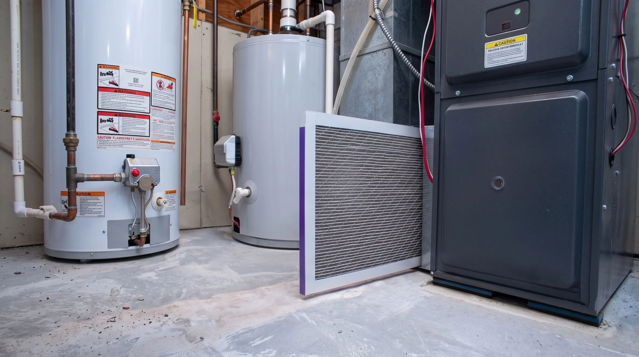 Clean air filter being replaced in an HVAC furnace unit in a basement utility room