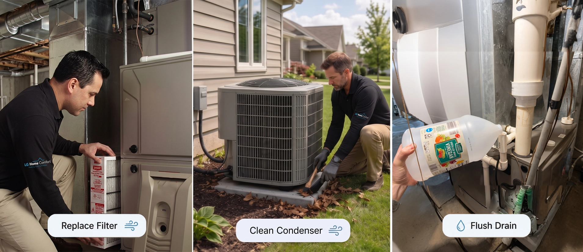 Three-step home AC maintenance checklist showing air filter replacement, outdoor condenser cleaning, and condensate drain flushing