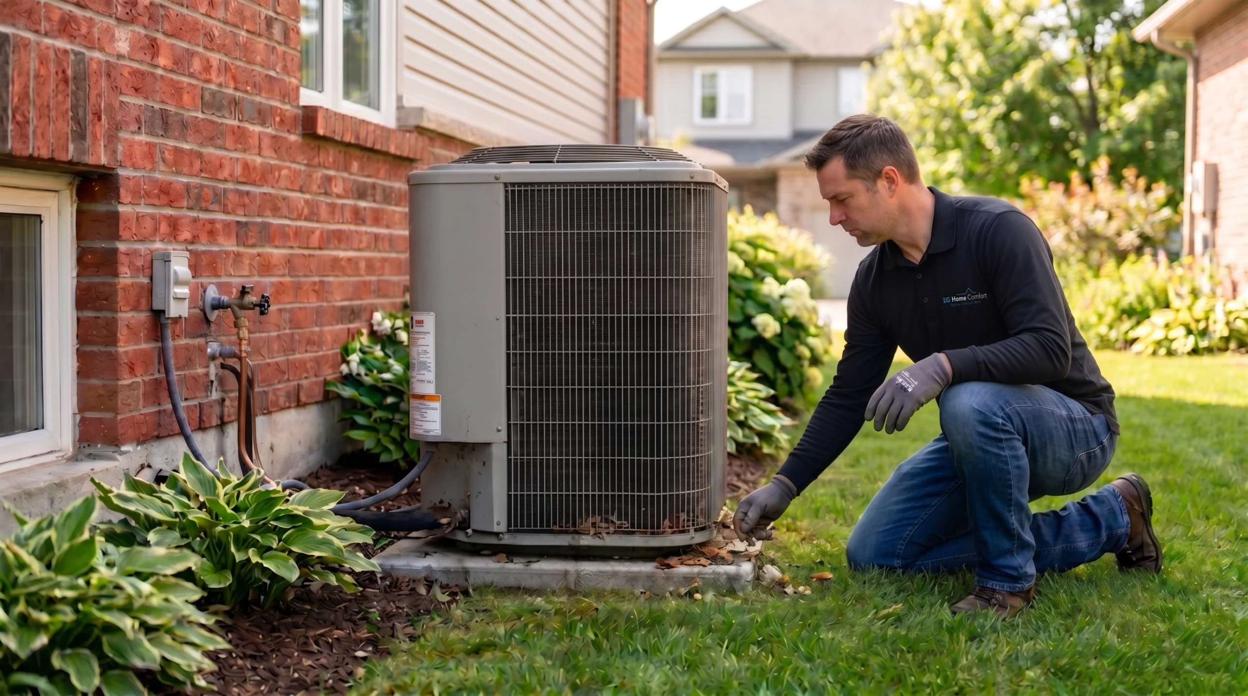 Routine outdoor air conditioner condenser cleaning and maintenance on a residential lawn