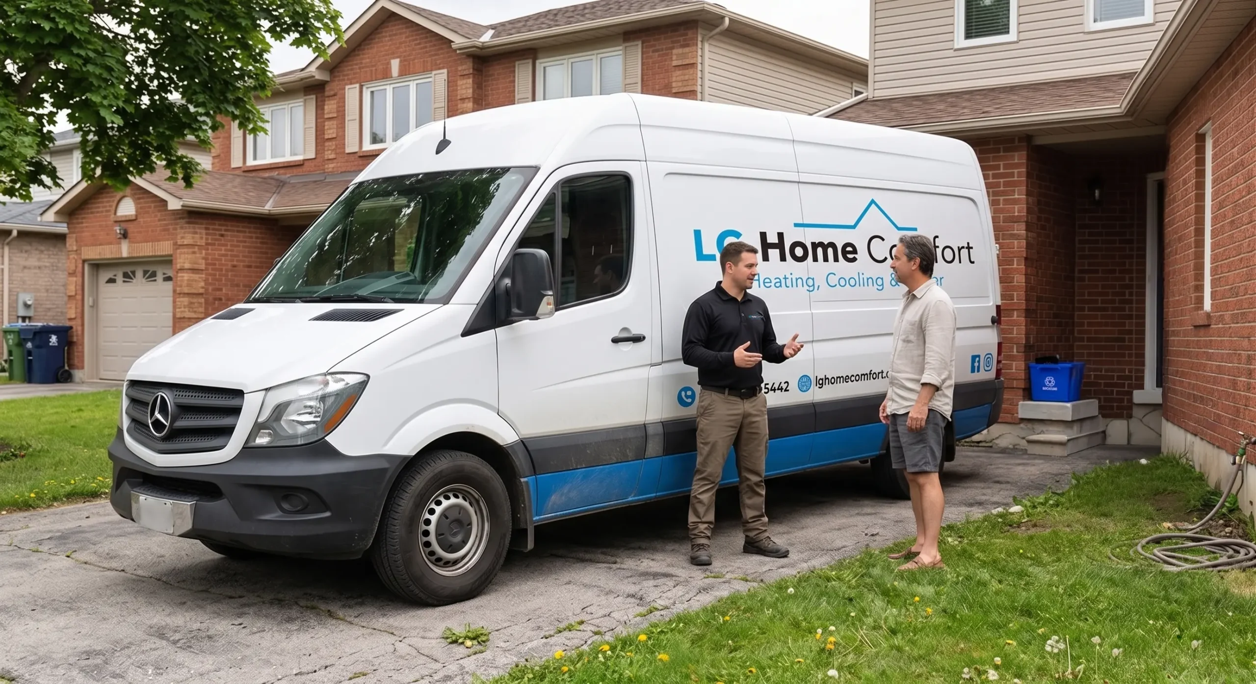 LG Home Comfort HVAC technician discussing service options with a homeowner beside a service van in a residential driveway