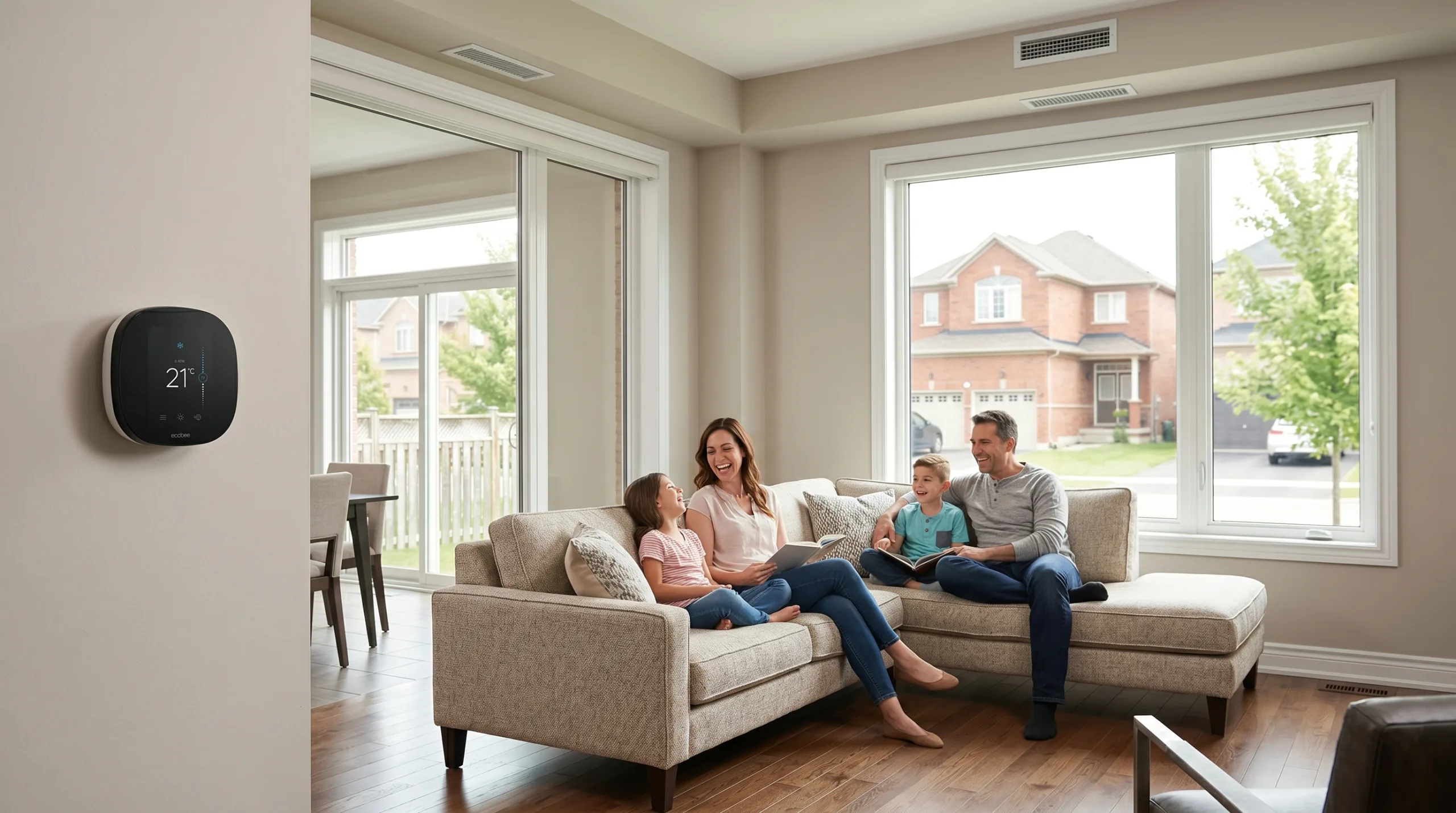 Smart thermostat in modern family living room