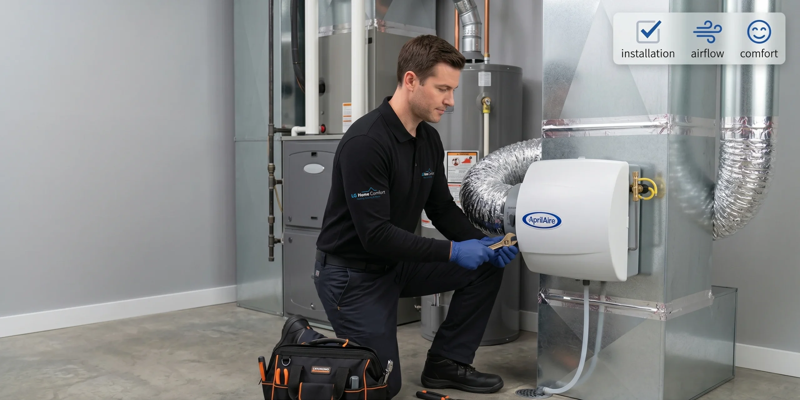 LG Home Comfort certified technician installing a whole-home humidifier on an HVAC system in Ontario
