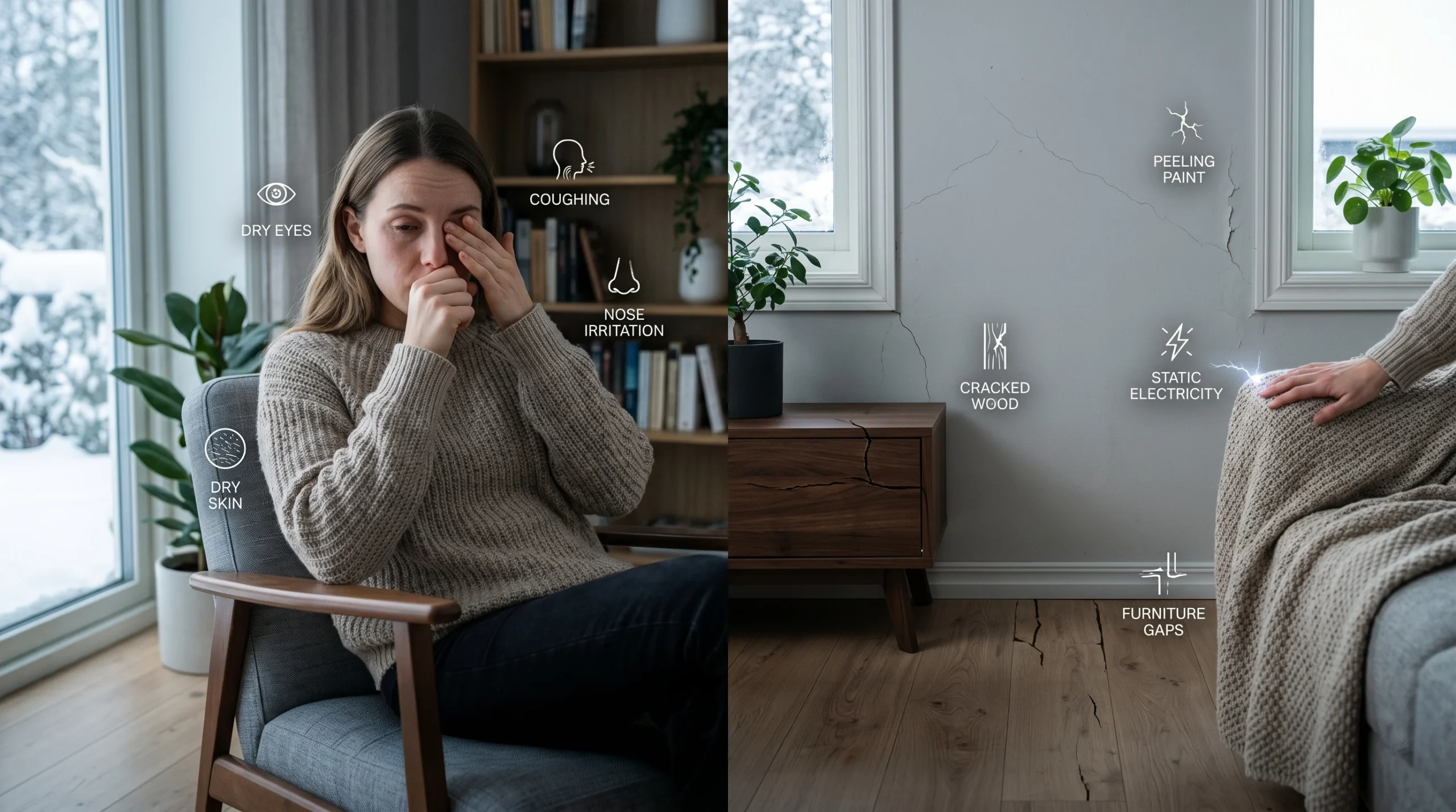Signs of dry air in a house including dry eyes, coughing, cracked wood furniture, and static electricity