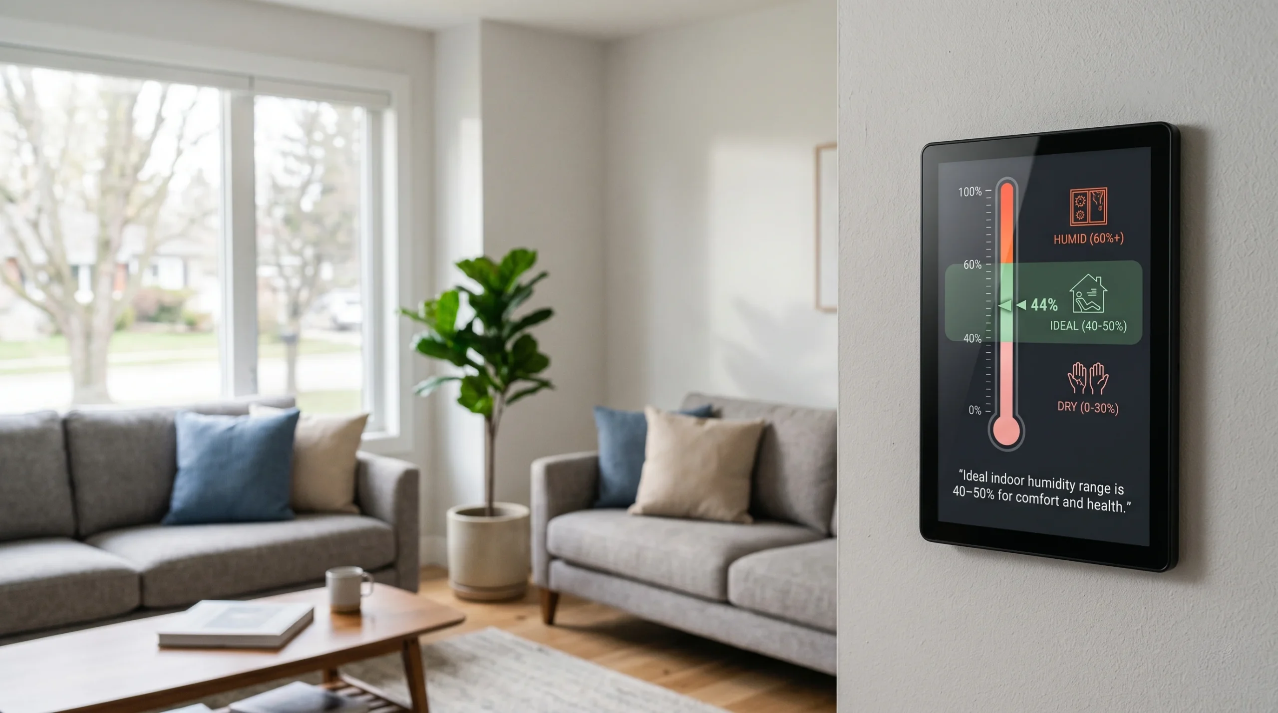 Indoor humidity chart showing the ideal range of 35 to 45 percent for home comfort and health in Ontario