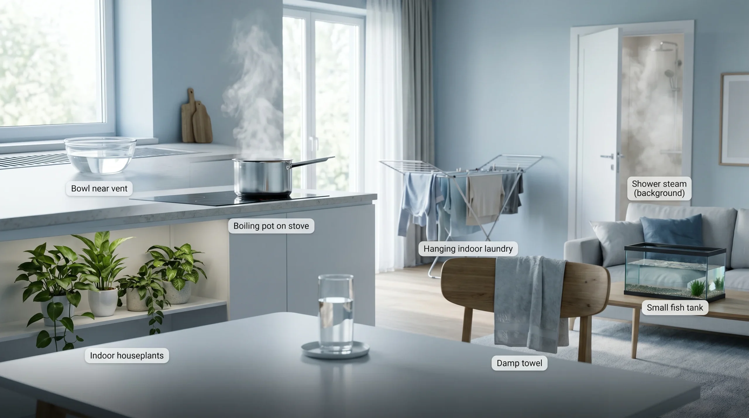 DIY methods to add moisture to dry indoor air including boiling water, houseplants, hanging laundry, and a damp towel