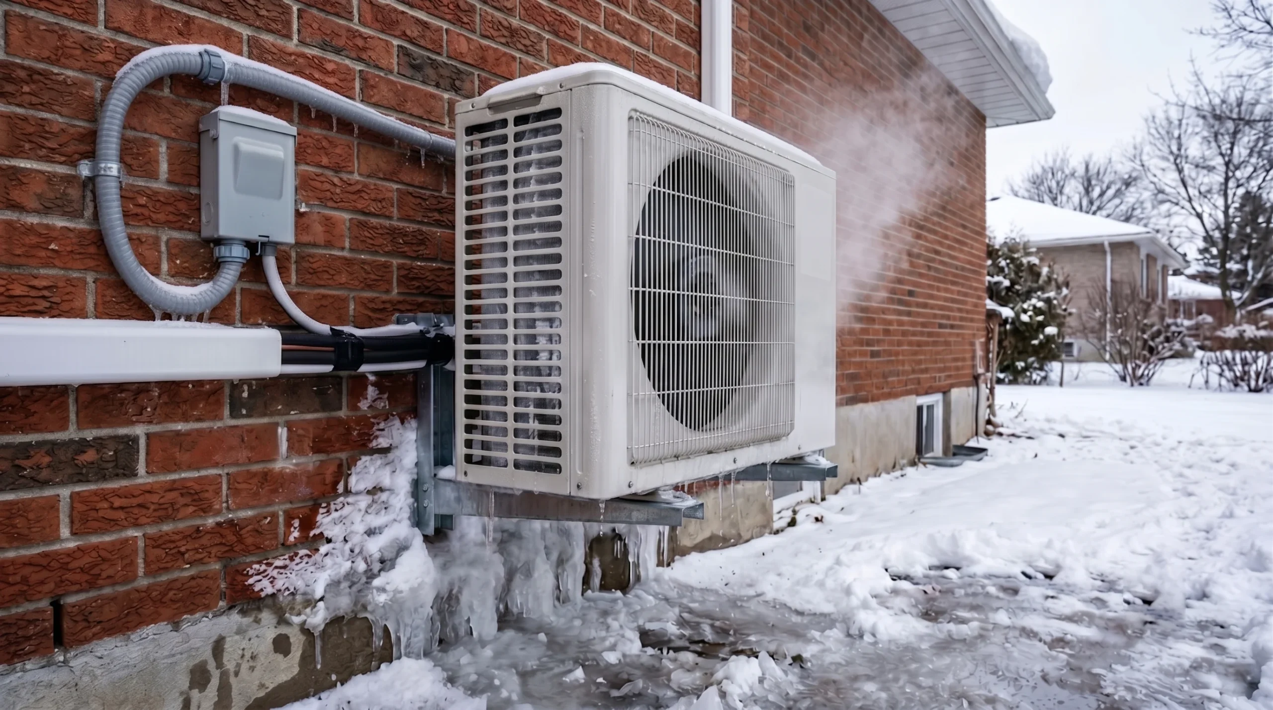 A wall-mounted outdoor heat pump unit emitting steam, with icicles hanging from its base, attached to a red brick house during a snowy winter day.