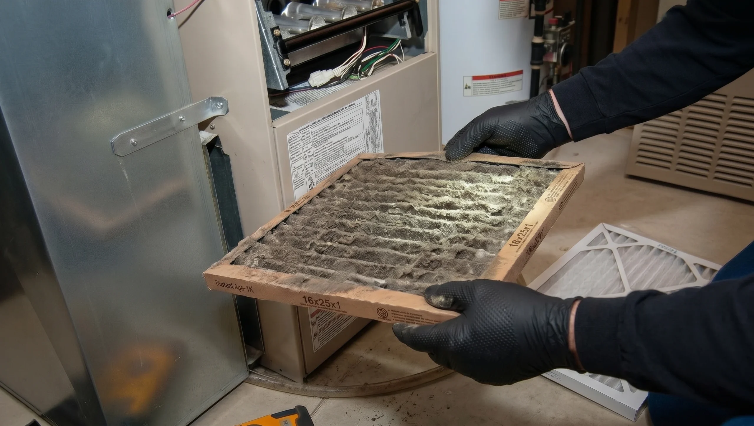  A person wearing black gloves holds a heavily soiled rectangular air filter in front of an open residential HVAC furnace unit.