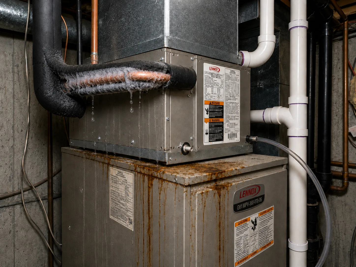 A residential indoor HVAC unit with severe ice buildup on the copper refrigerant lines and evaporator coil, showing water dripping onto the rusted furnace casing below.