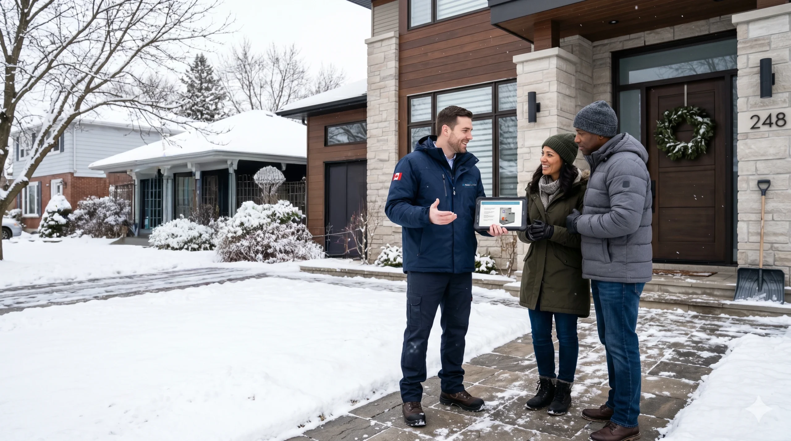 An HVAC technician or home services salesperson (identifiable by his branded blue winter jacket featuring a Canadian flag patch) stands on a snowy walkway outside a modern home.