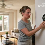 Homeowner adjusting a smart thermostat in a warm living room while the outdoor AC unit sits idle outside