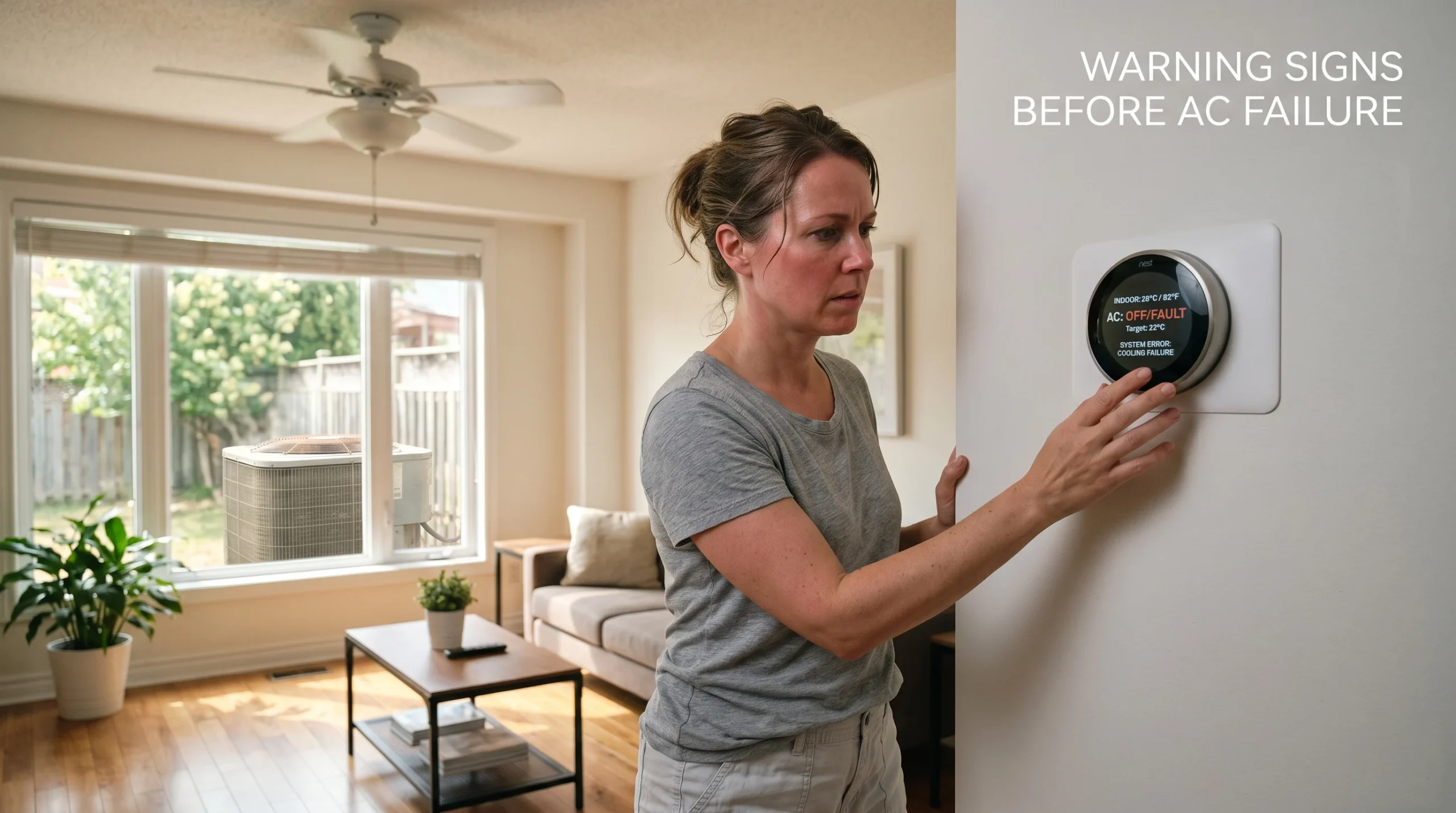 Homeowner adjusting a smart thermostat in a warm living room while the outdoor AC unit sits idle outside