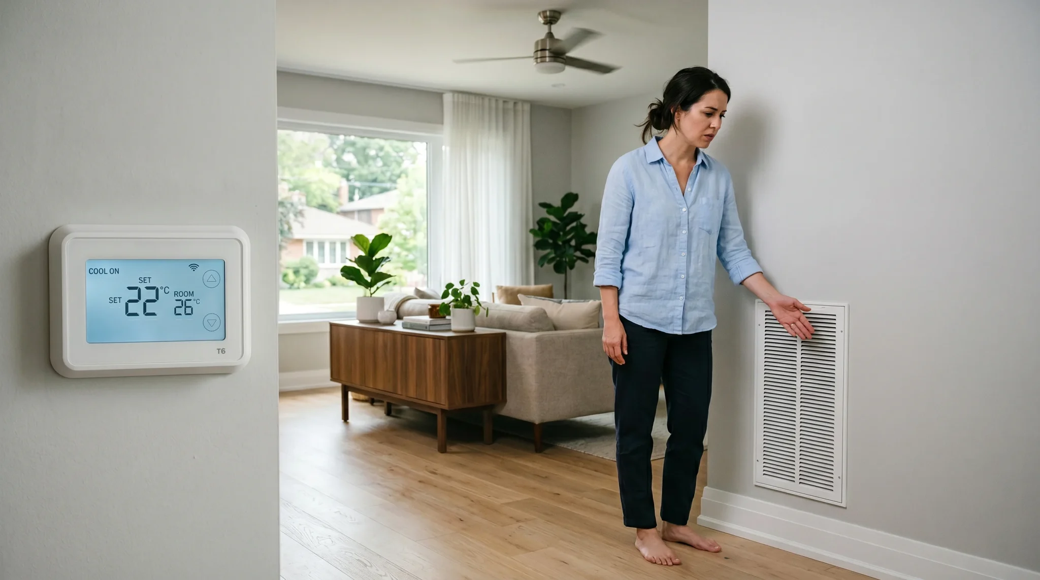 Thermostat set to 22°C while a homeowner checks a vent blowing air that isn't cold