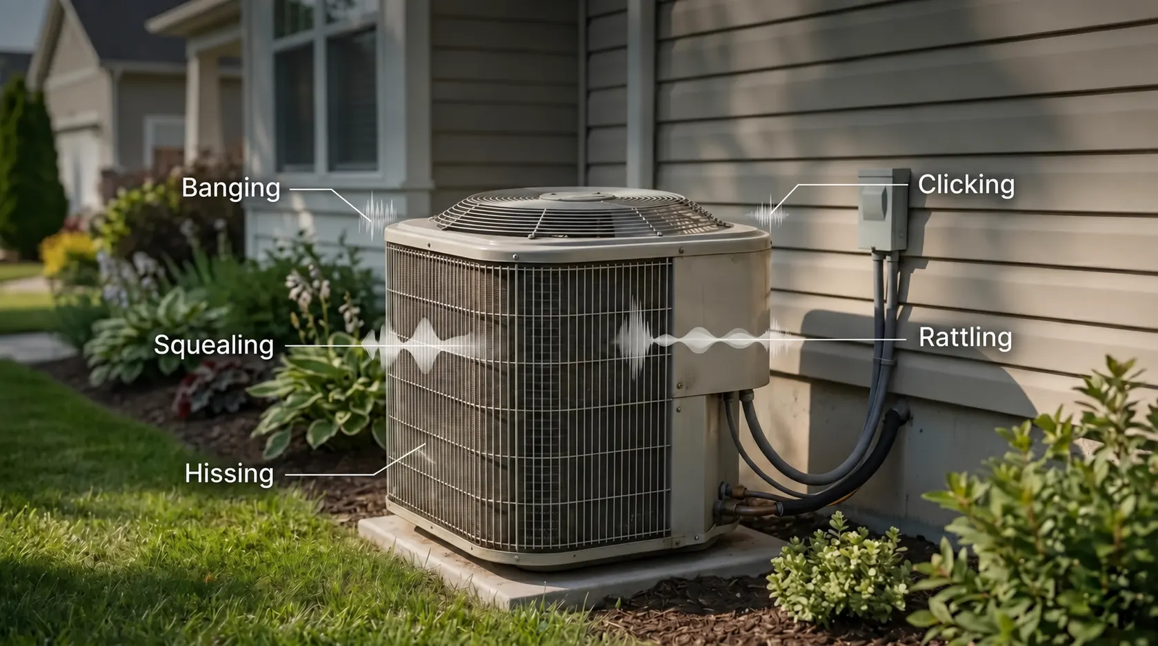 Outdoor AC condenser labelled with common repair noises: banging, clicking, squealing, rattling and hissing
