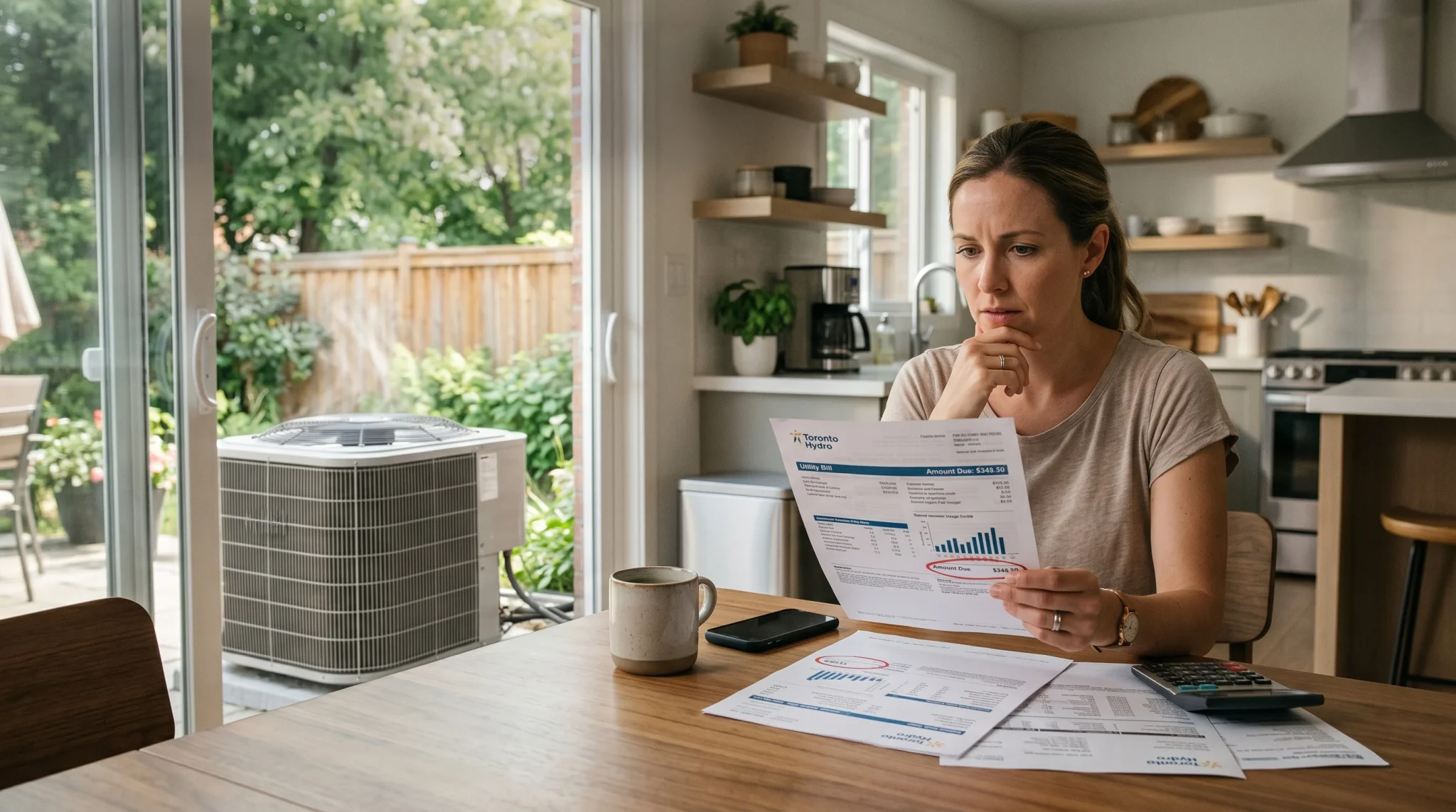 Homeowner reviewing a higher summer hydro bill at the kitchen table with the AC running outside