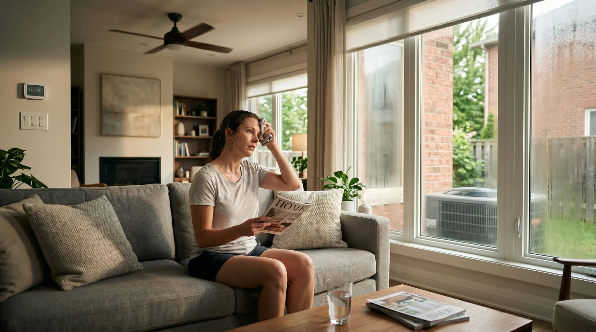 Woman fanning herself on the couch because the house still feels humid while the AC is running