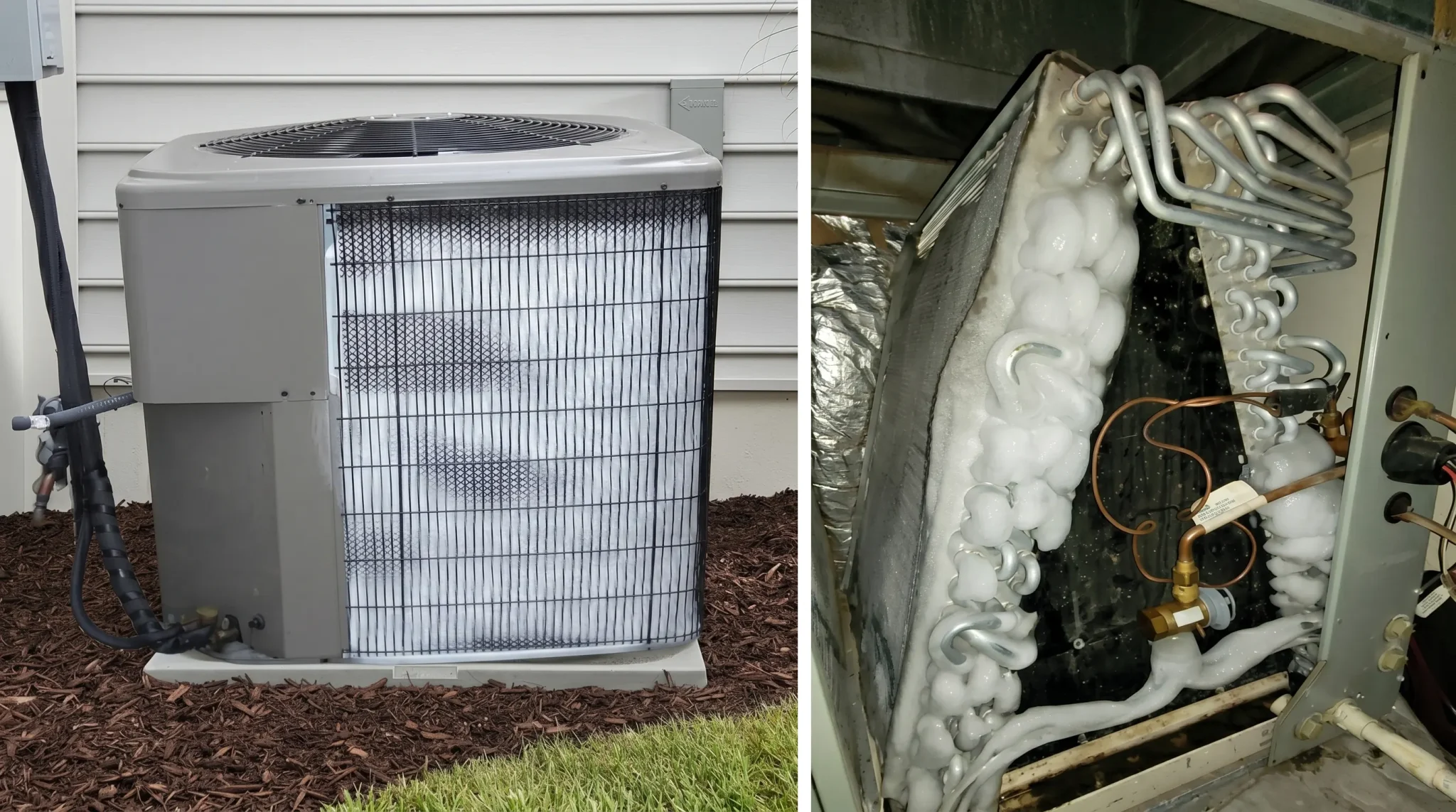 Ice built up on an outdoor AC condenser coil and on the indoor evaporator coil
