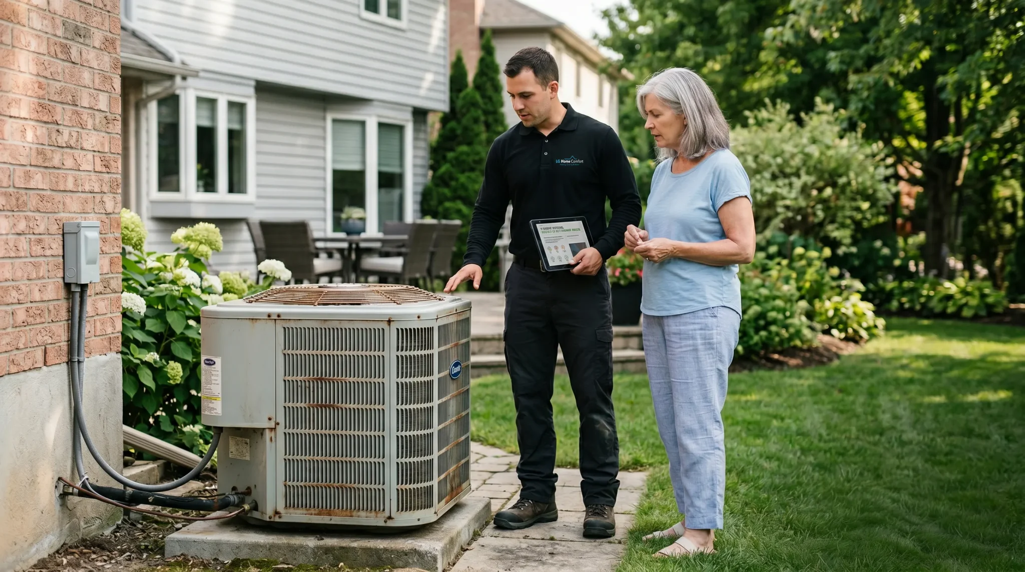 HVAC technician and homeowner inspecting an aging, rust-stained outdoor AC unit beside a home