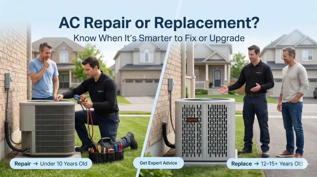 AC repair vs replacement guide showing an HVAC technician helping a homeowner decide whether to fix an older unit or upgrade to a new system.
