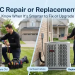 AC repair vs replacement guide showing an HVAC technician helping a homeowner decide whether to fix an older unit or upgrade to a new system.