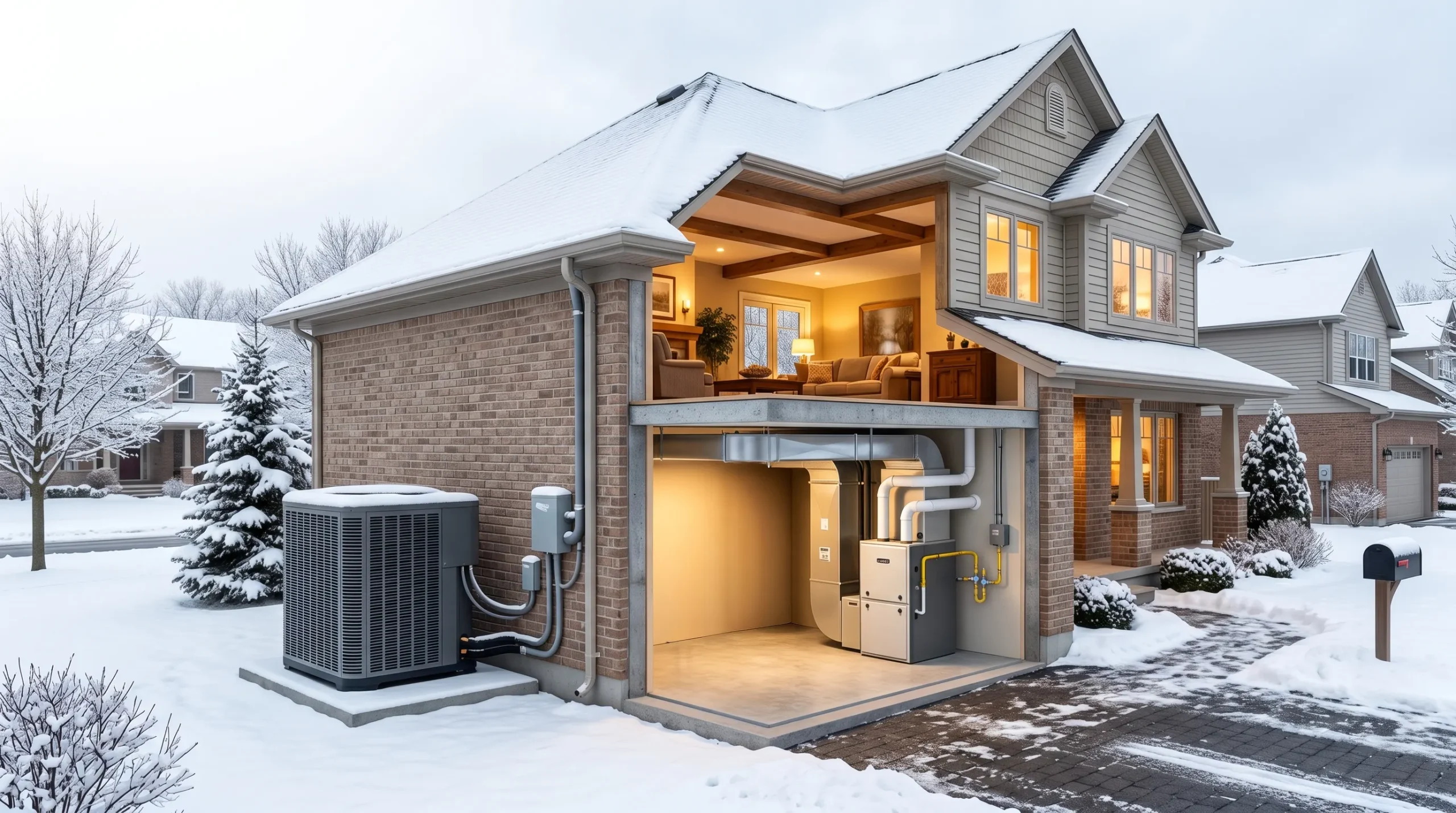 Modern home with furnace and heat pump heating system during winter.