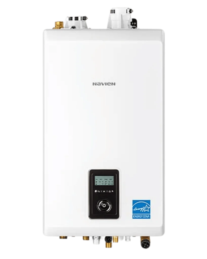 Energy Star certified Navien wall-mounted tankless continuous-flow domestic water heater featuring integrated digital control panel