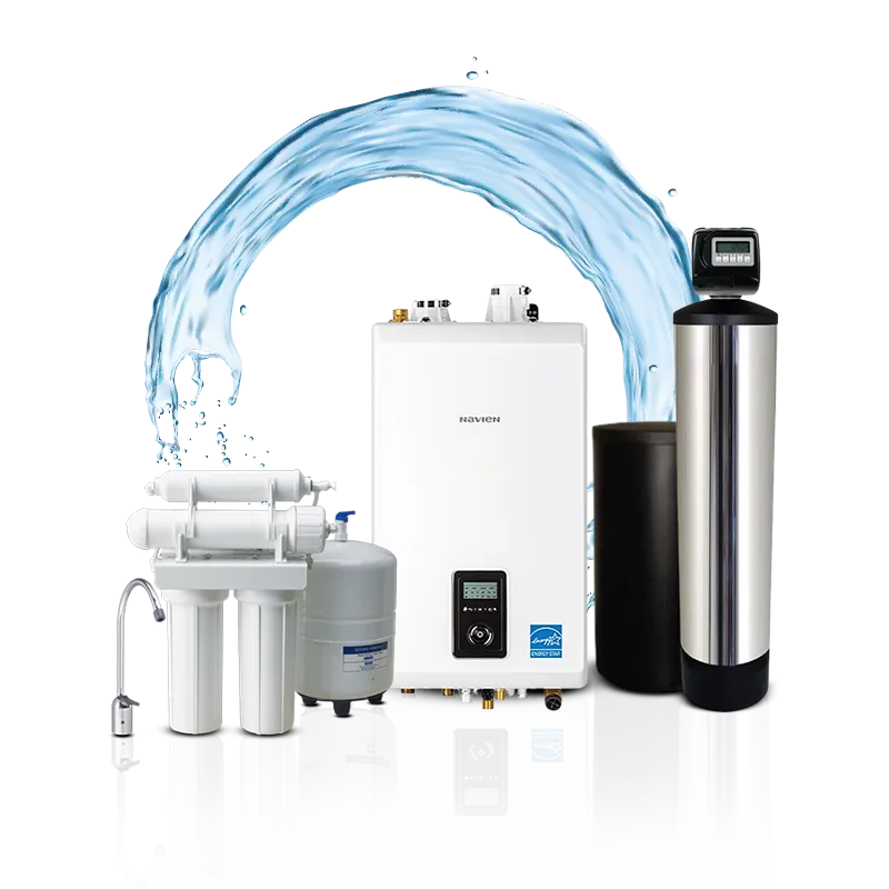 Integrated Navien tankless thermal heater alongside reverse osmosis filtration array plus stainless ion-exchange softening cylinder beneath dynamic aqua splash graphic.