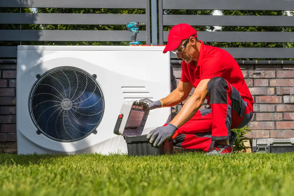 Uniformed HVAC specialist accessing diagnostic toolkit beside exterior heat pump compressor unit