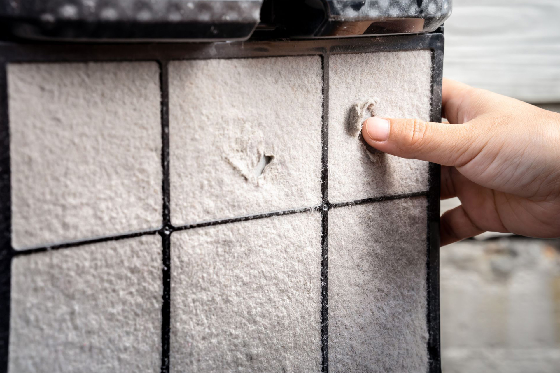 A dirty air purifier filter covered in dust