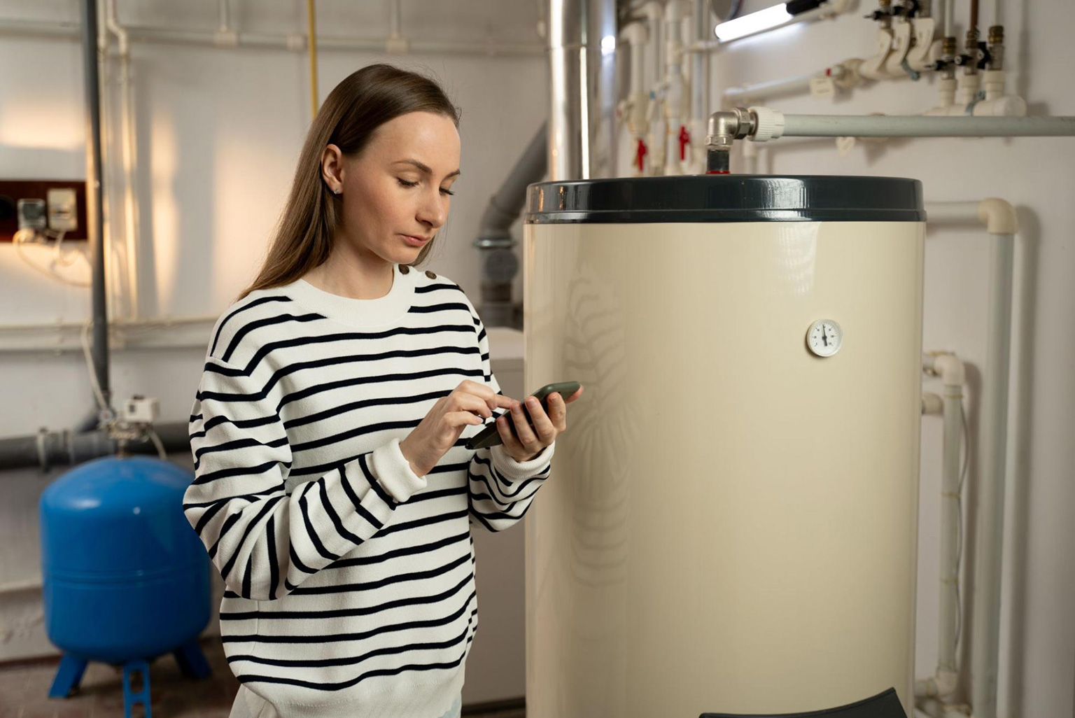 Woman standing in front of furnace that’s not working and calling for maintenance