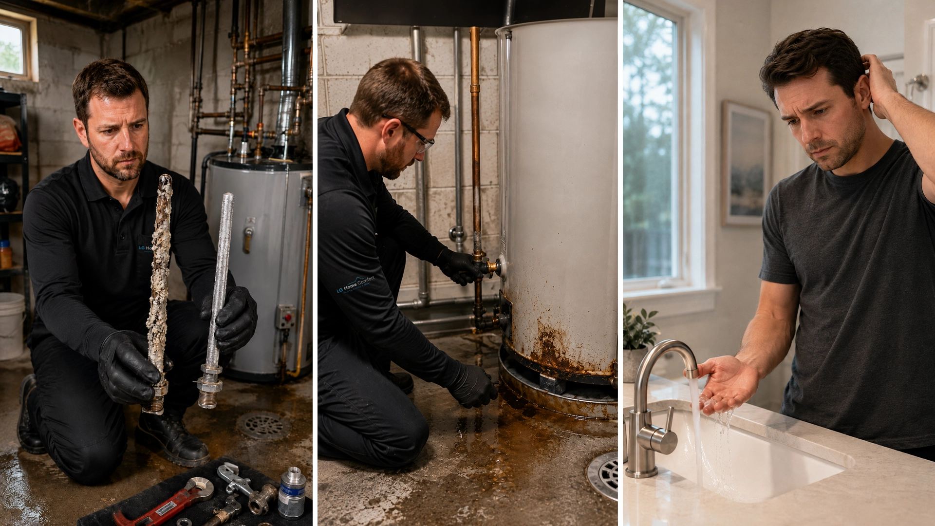 Technician inspecting a depleted water heater anode rod and corroded tank