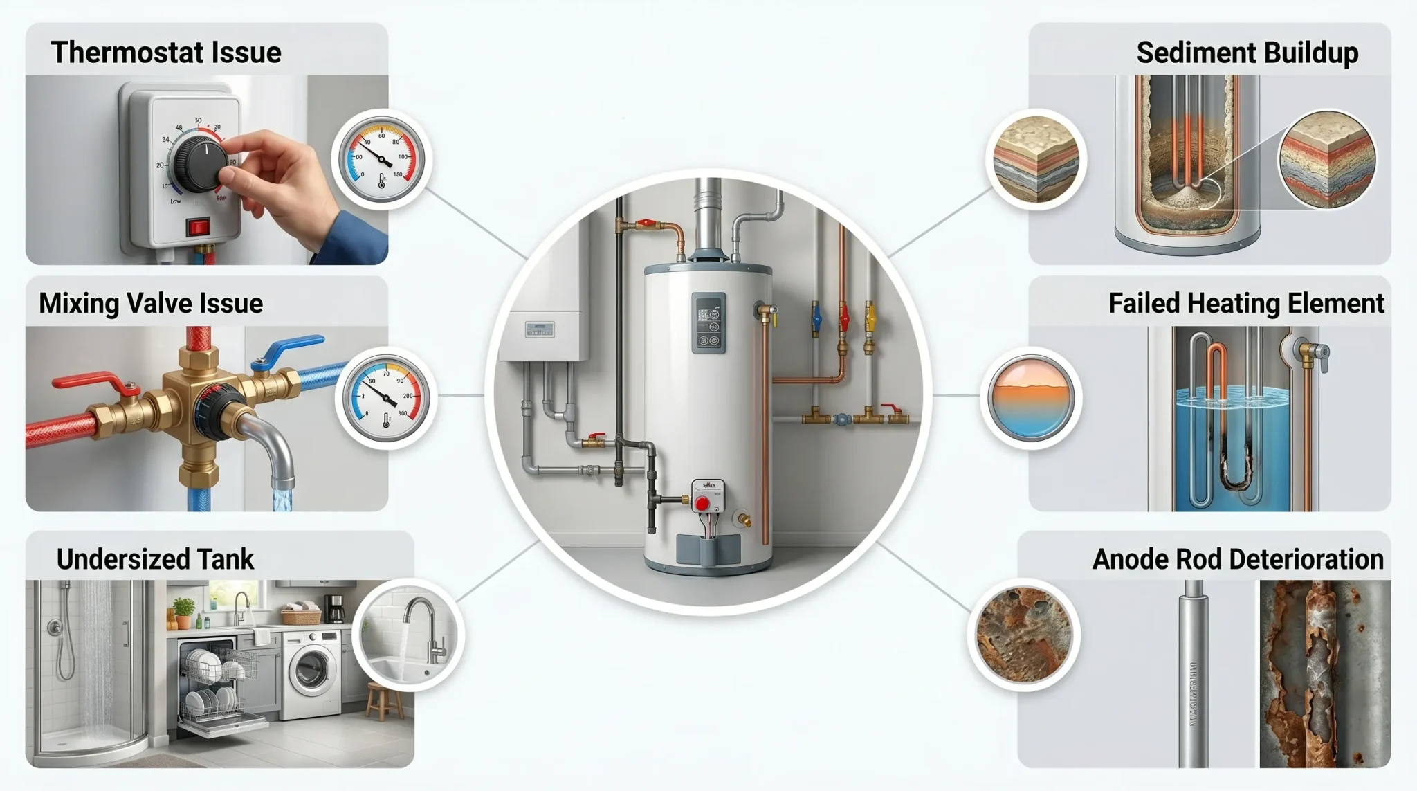 Infographic showing the most common reasons hot water is not hot enough in Ontario homes.
