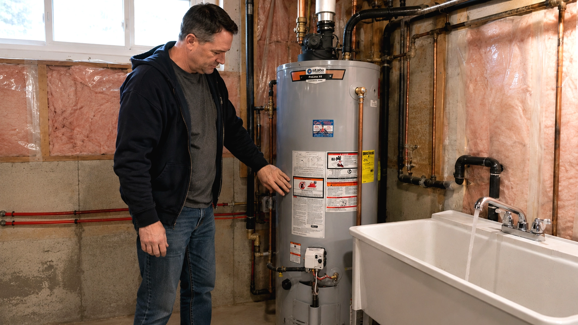 Homeowner checking a gas storage tank water heater in a basement
