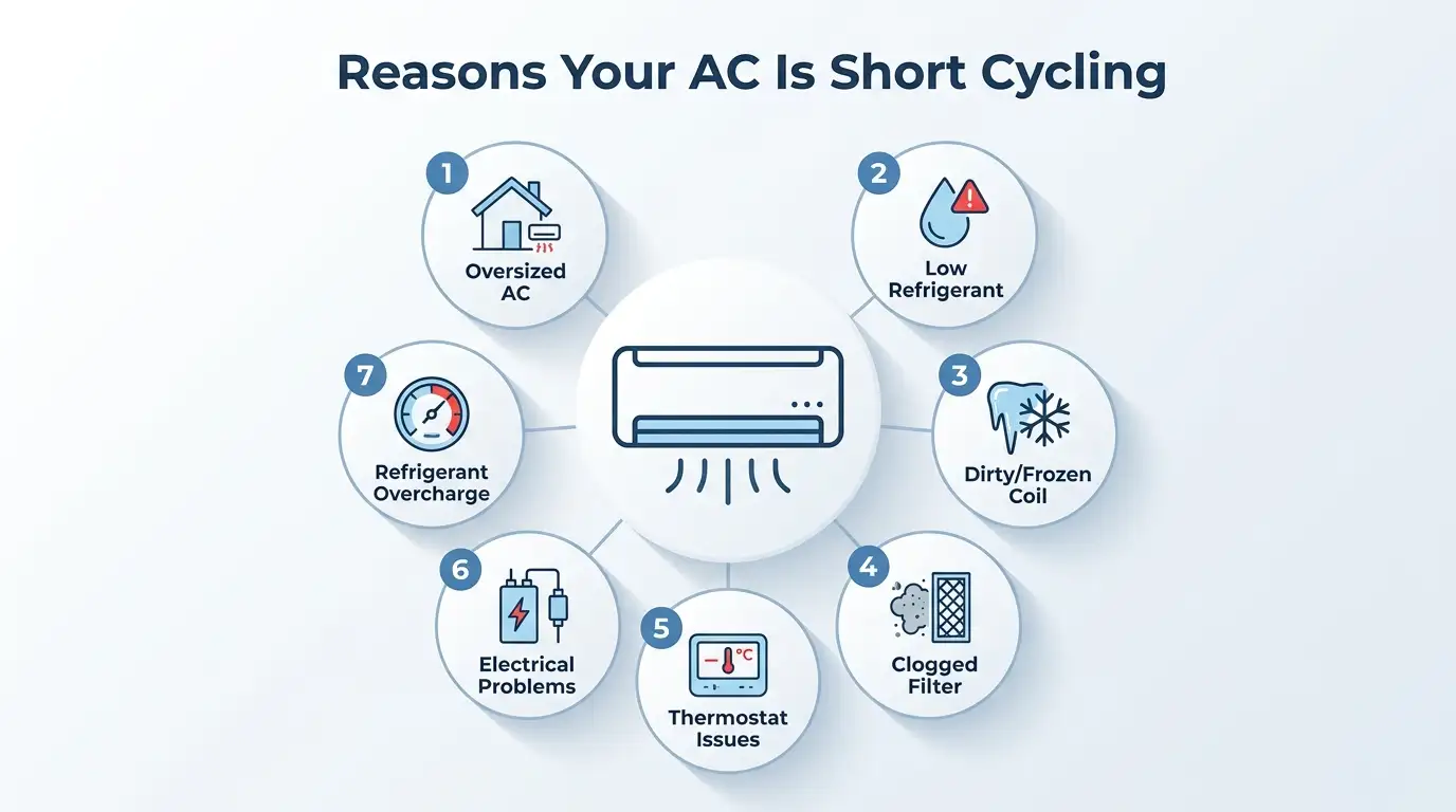 Common causes of AC short cycling infographic.