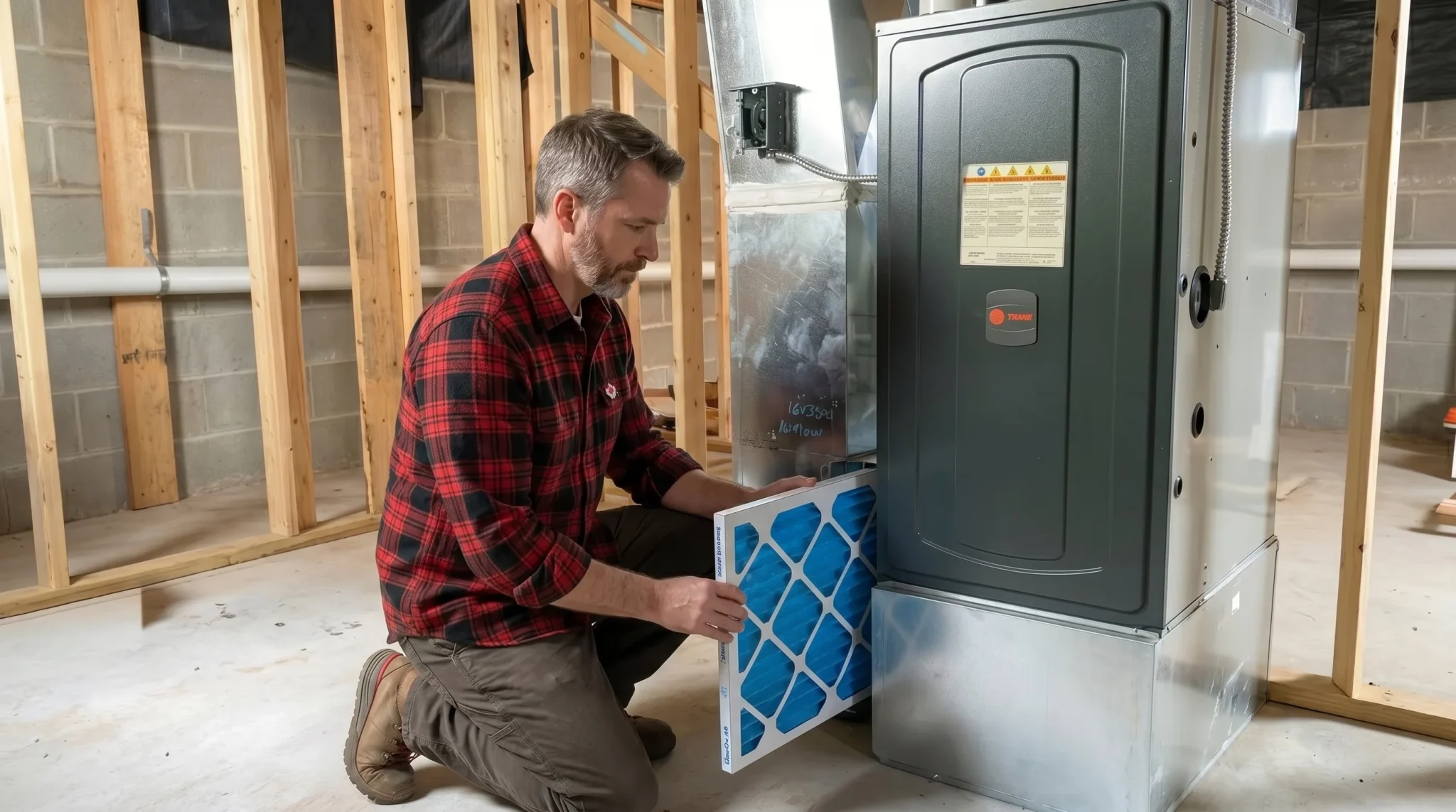 Homeowner replacing HVAC air filter in residential ventilation system.
