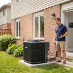 Homeowner looking at a outdoor central air conditioner condenser unit outside his home while experiencing short cycling issues.