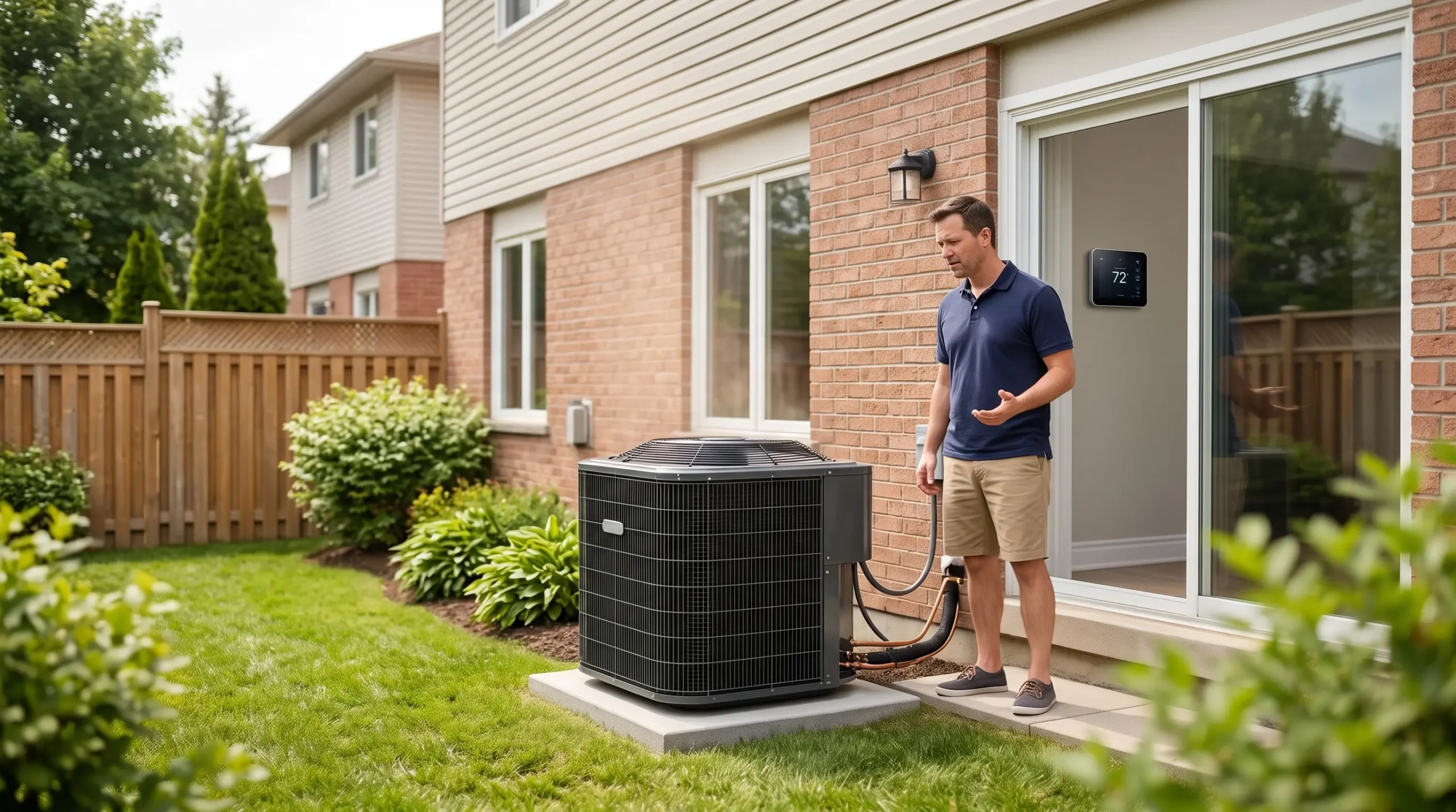 Homeowner looking at a outdoor central air conditioner condenser unit outside his home while experiencing short cycling issues.