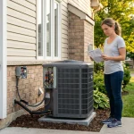 Homeowner inspecting outdoor AC unit beside residential house.