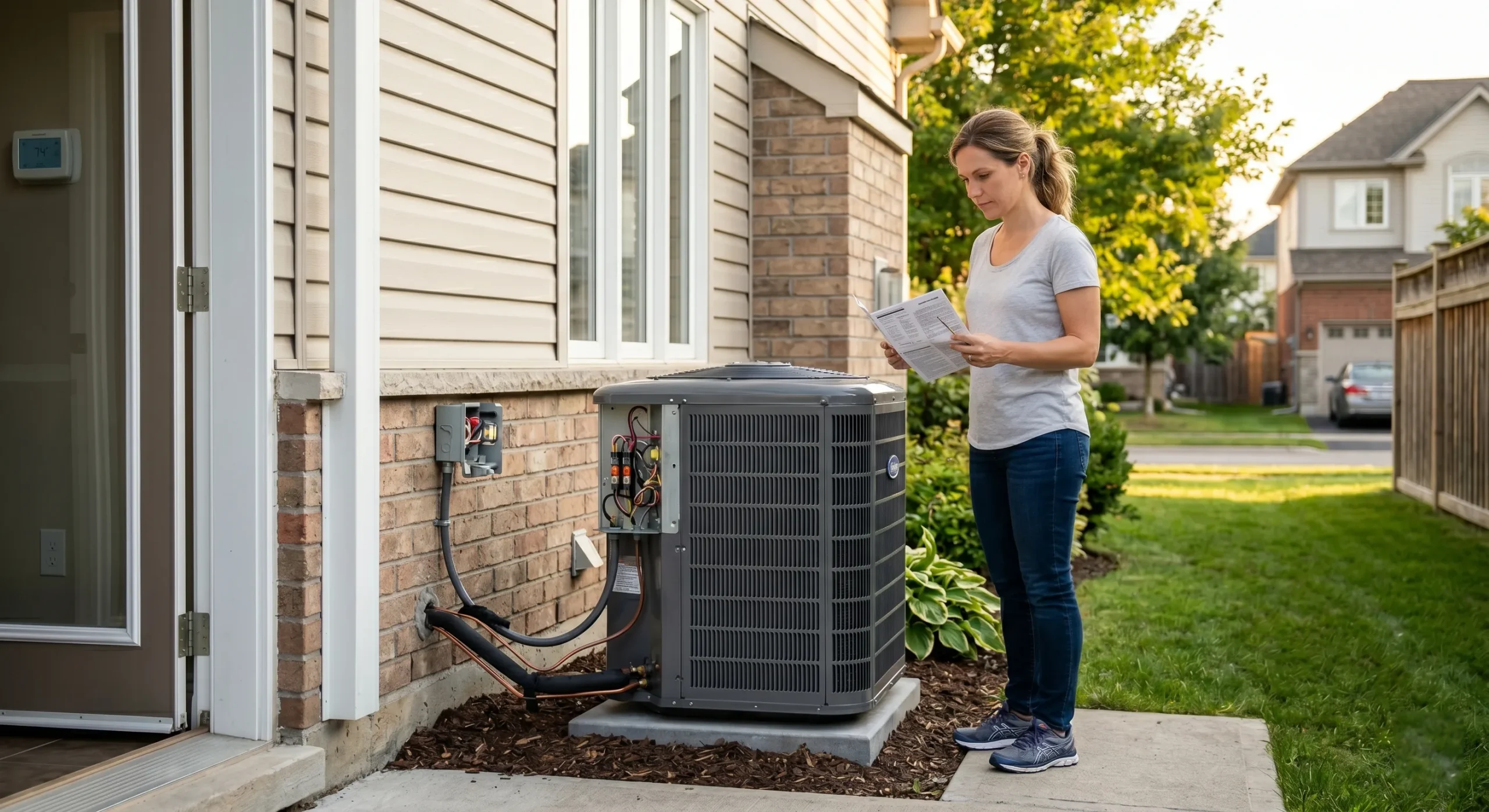 Homeowner inspecting outdoor AC unit beside residential house.