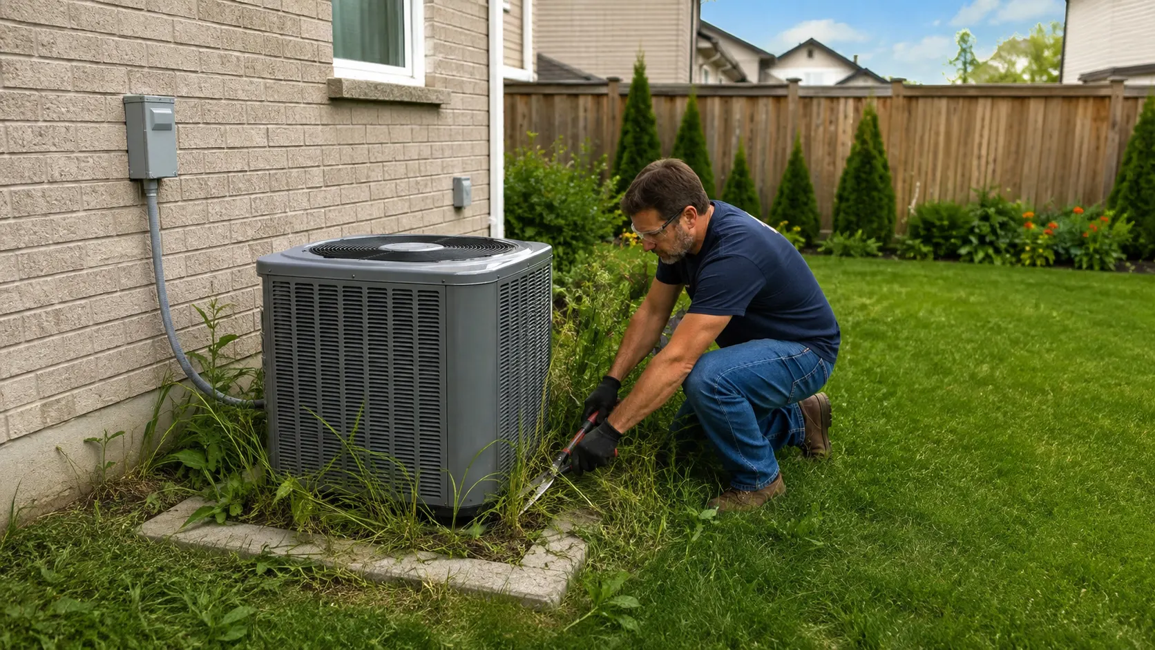 Clearing weeds and debris from around an outdoor air conditioner unit.