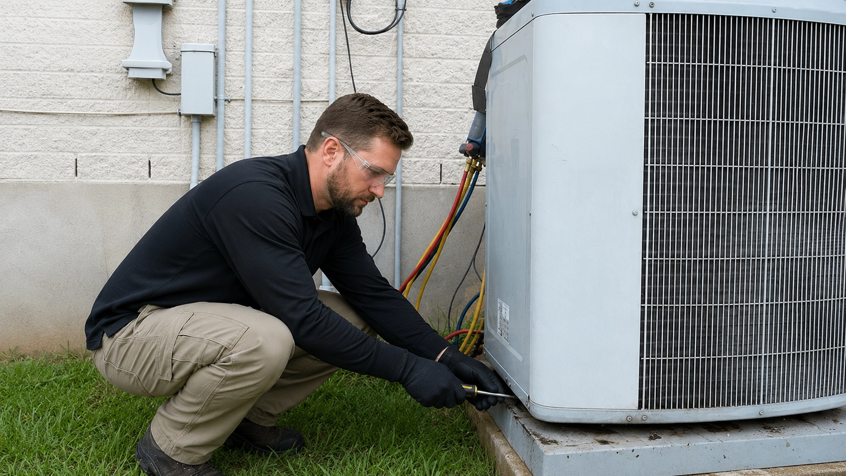 Clearing a clogged AC condensate drain line on an outdoor unit.