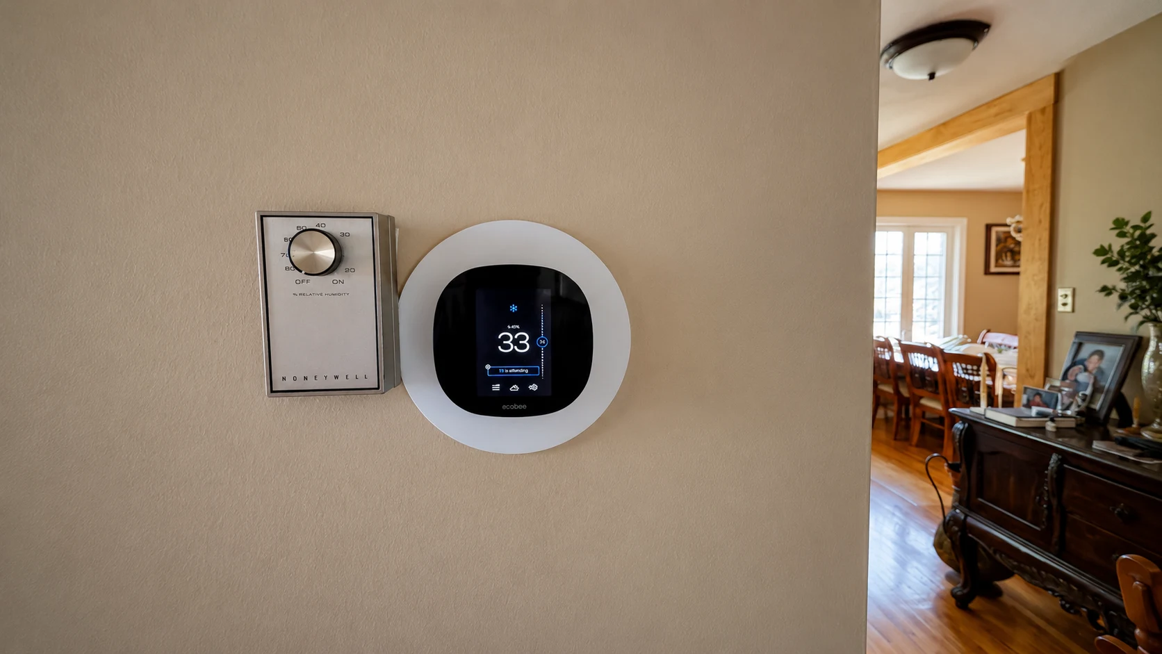 Replacing thermostat batteries in a smart thermostat mounted on a home wall.