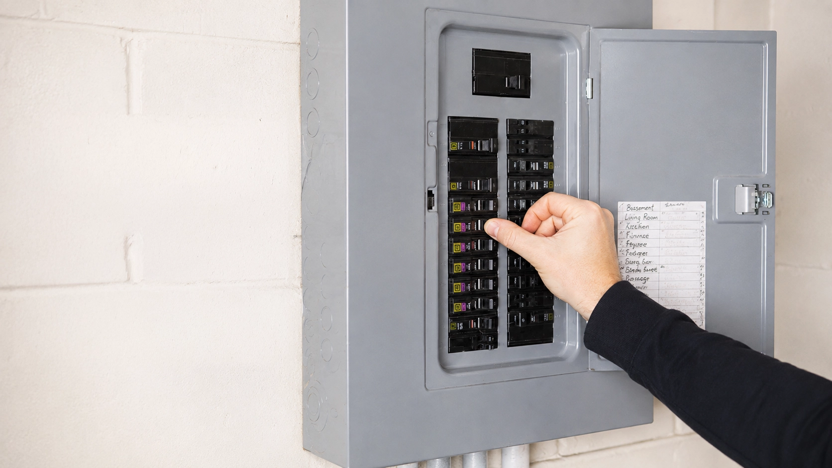 Resetting a tripped AC circuit breaker in a home breaker box.