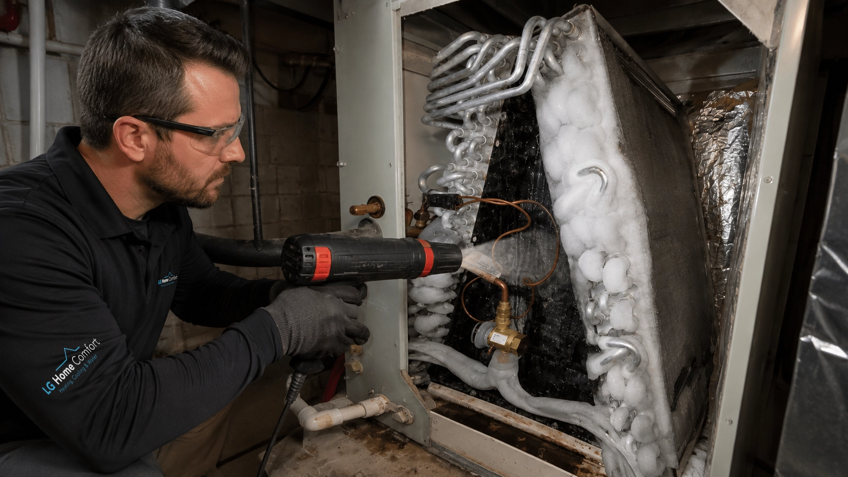 Thawing a frozen air conditioner evaporator coil covered in thick ice.