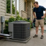 Wall-mounted air conditioner with a frozen evaporator coil leaking water indoors while a homeowner looks up, illustrating AC water leakage due to ice buildup and drainage issues 