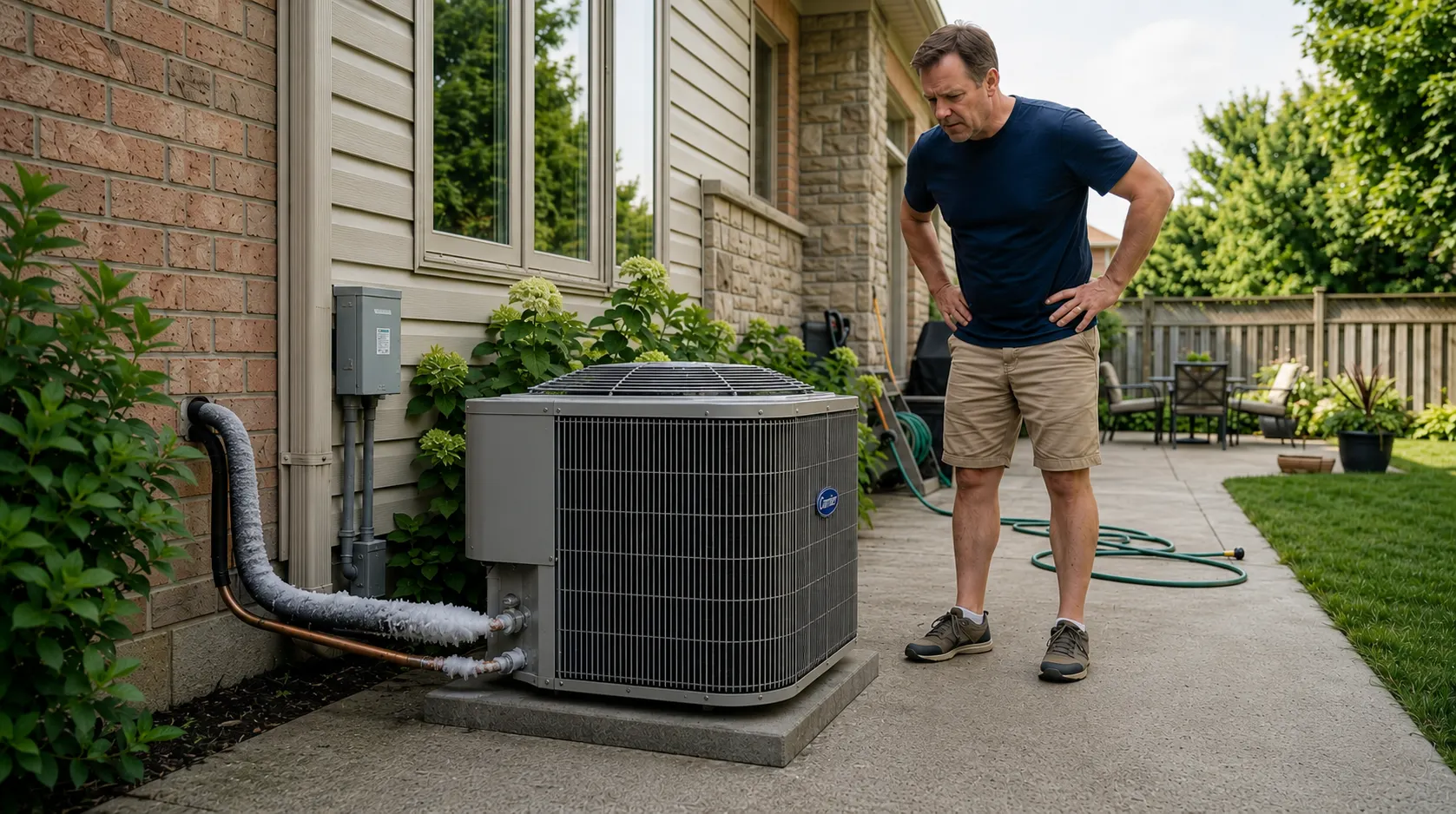Wall-mounted air conditioner with a frozen evaporator coil leaking water indoors while a homeowner looks up, illustrating AC water leakage due to ice buildup and drainage issues